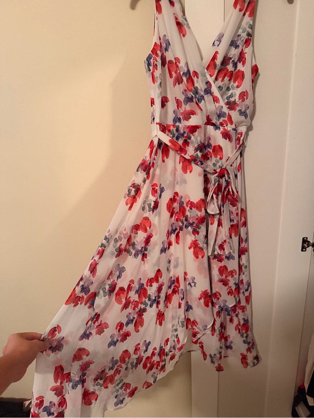 DKNY Floral Wrap Midi Dress in White with Red & Purple Blooms